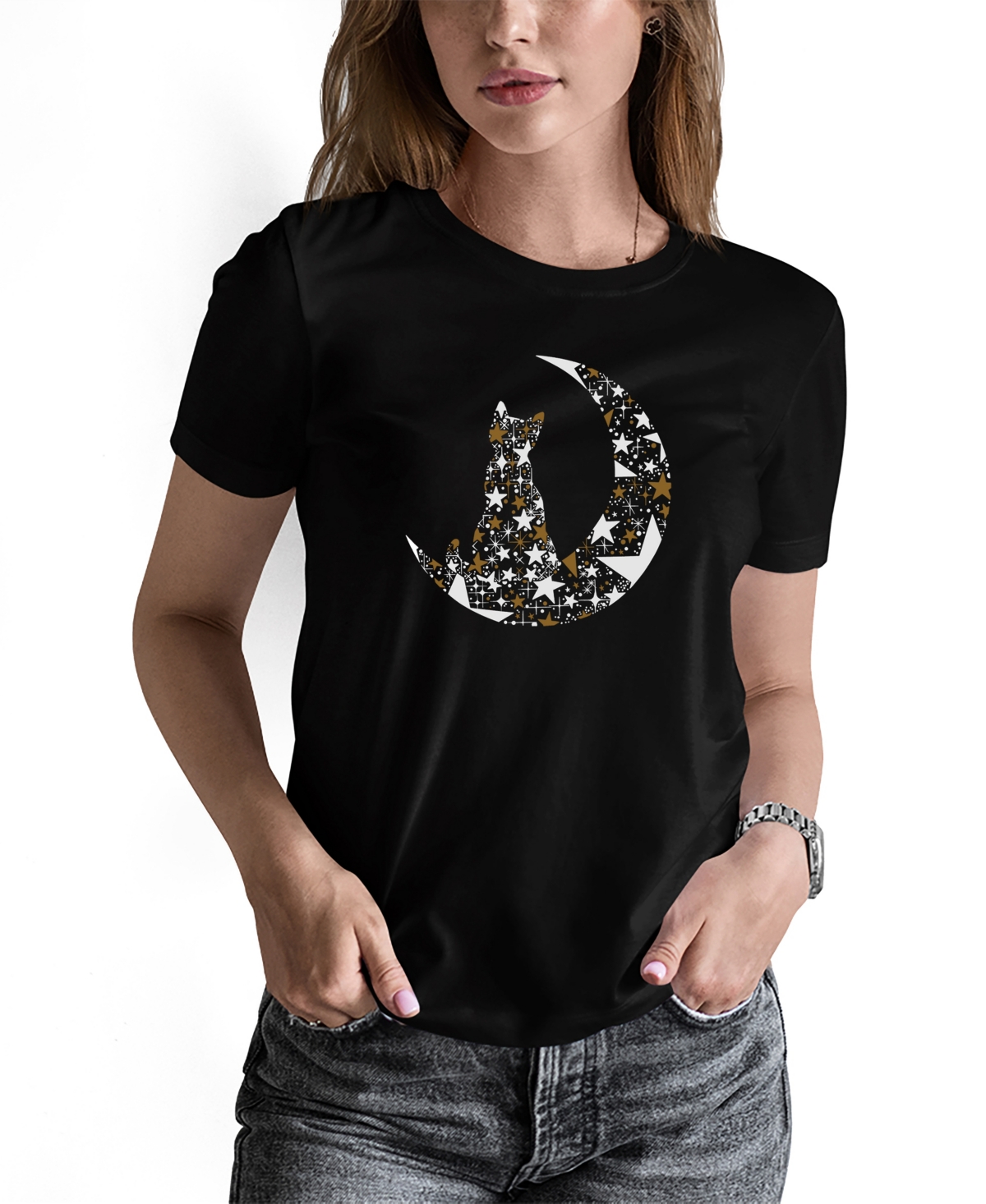 La Pop Art Women's Cat Sitting On Moon Word Art Long Sleeve T-shirt In Black