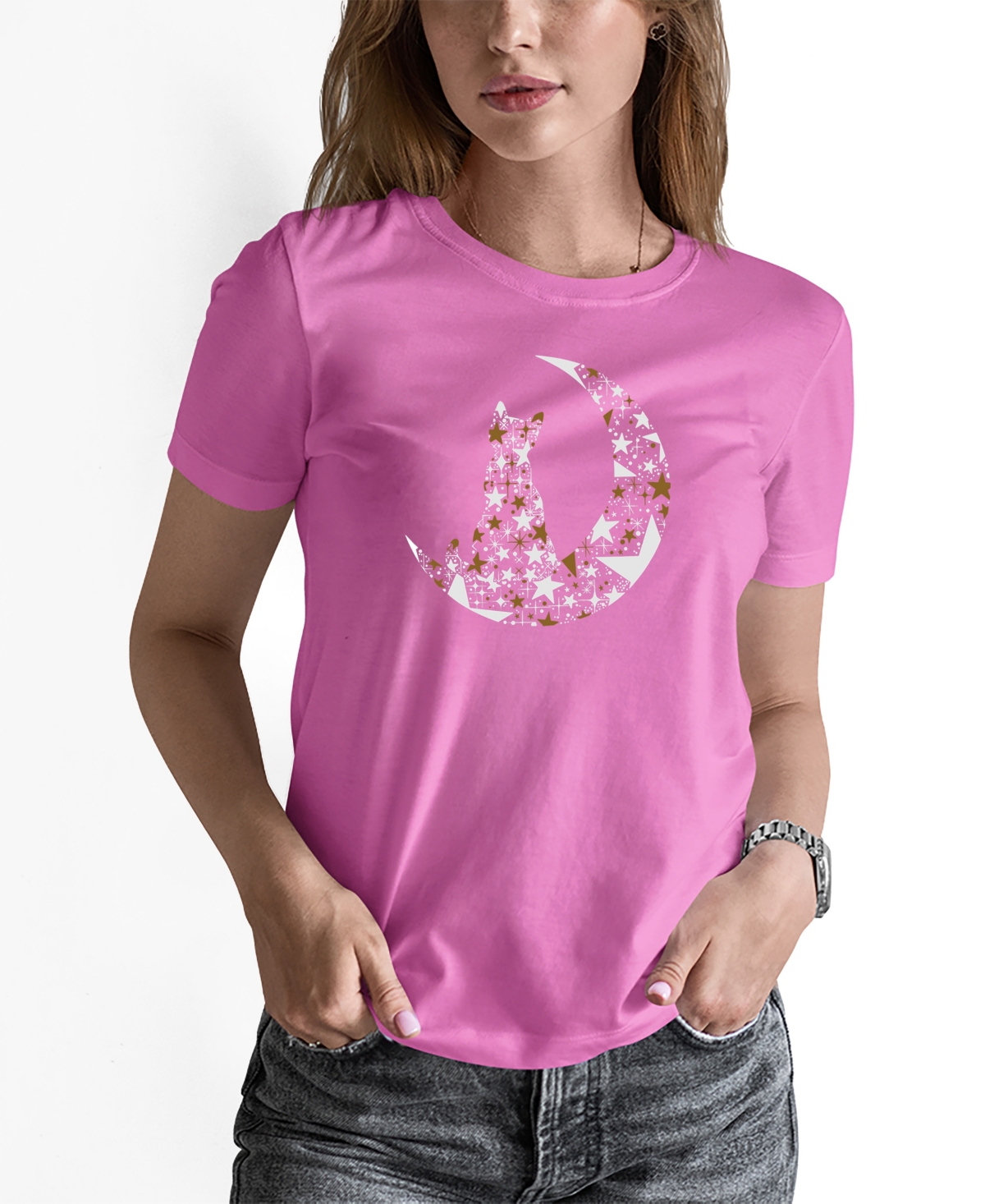 La Pop Art Women's Cat Sitting On Moon Word Art Long Sleeve T-shirt In Pink
