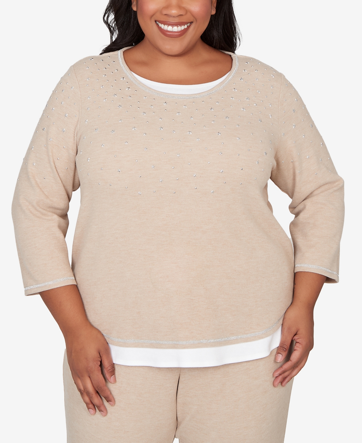 Alfred Dunner Plus Size Comfort & Joy Embellished Layered Hem Crew Neck Top In Neutral