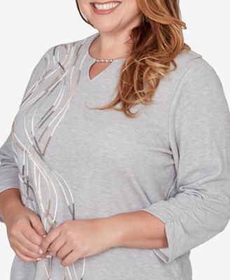 Plus Size Comfort & Joy Metallic Swirl Embroidered Split Neck Top