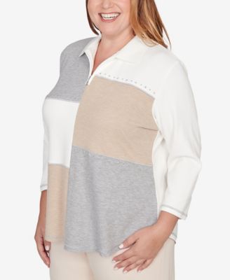 Plus Size Comfort &amp; Joy Colorblock Quarter Zip Patchwork Top