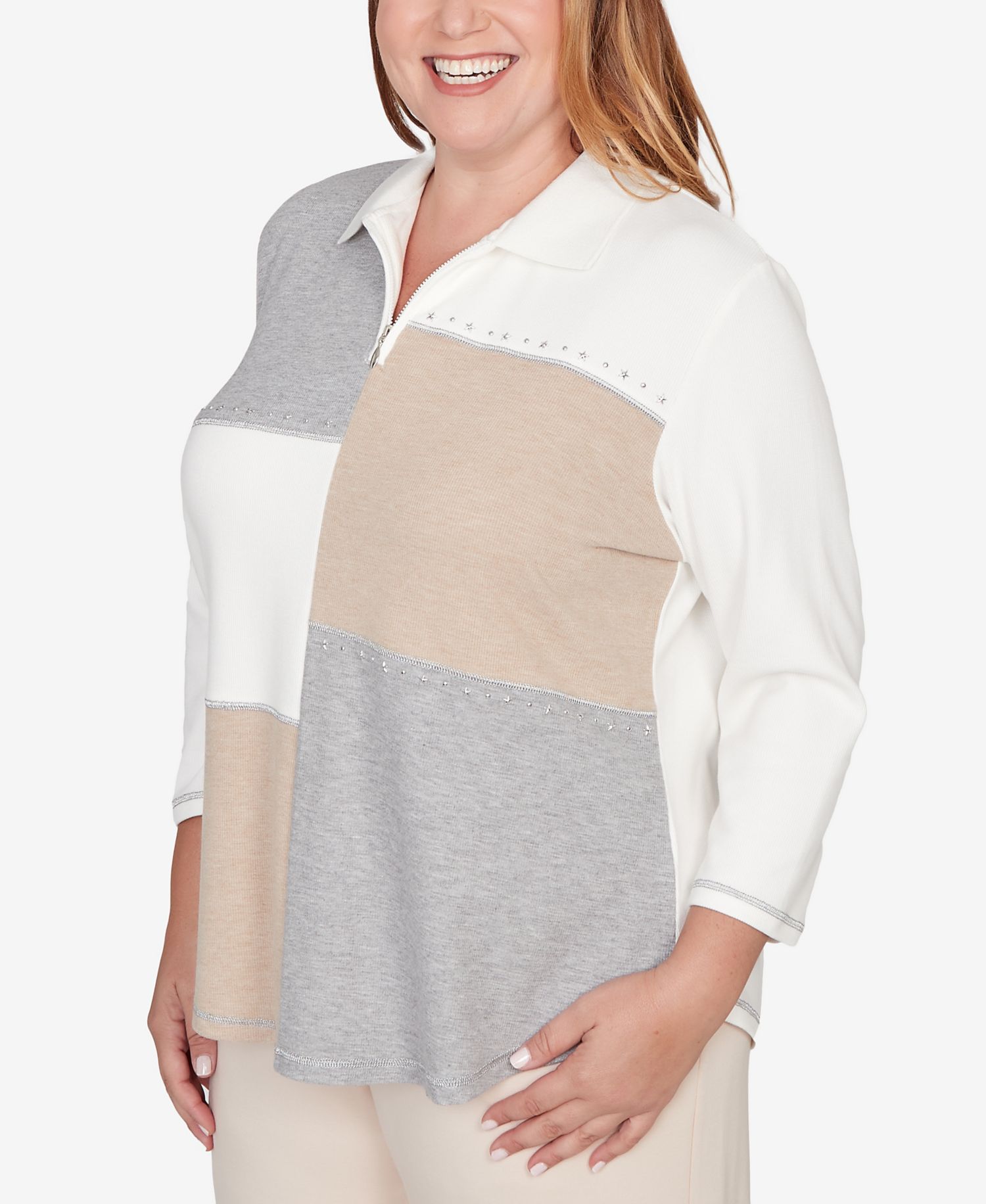 Plus Size Comfort & Joy Colorblock Quarter Zip Patchwork Top