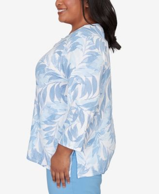 Plus Size St. Augustine Monotone Leaf Print Split Neck Top
