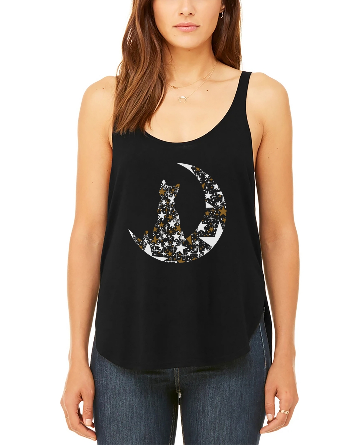 La Pop Art Women's Cat Sitting On Moon Premium Word Flowy Tank Top
