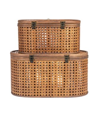 Modern Decorative Oval Woven Rattan Storage Boxes, Set of 2 Sizes, Dark Brown Finish