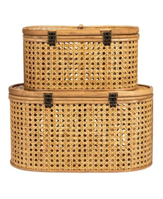 Modern Decorative Oval Woven Rattan Storage Boxes, Set of 2 Sizes, Dark Brown Finish