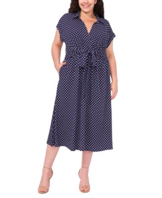 Plus Size Pull-On Printed Belted Midi Shirt Dress