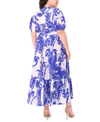 Plus Size Short-Sleeve Printed Tiered Maxi Shirt Dress