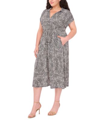 Plus Size Short-Sleeve Printed Midi Shirt Dress