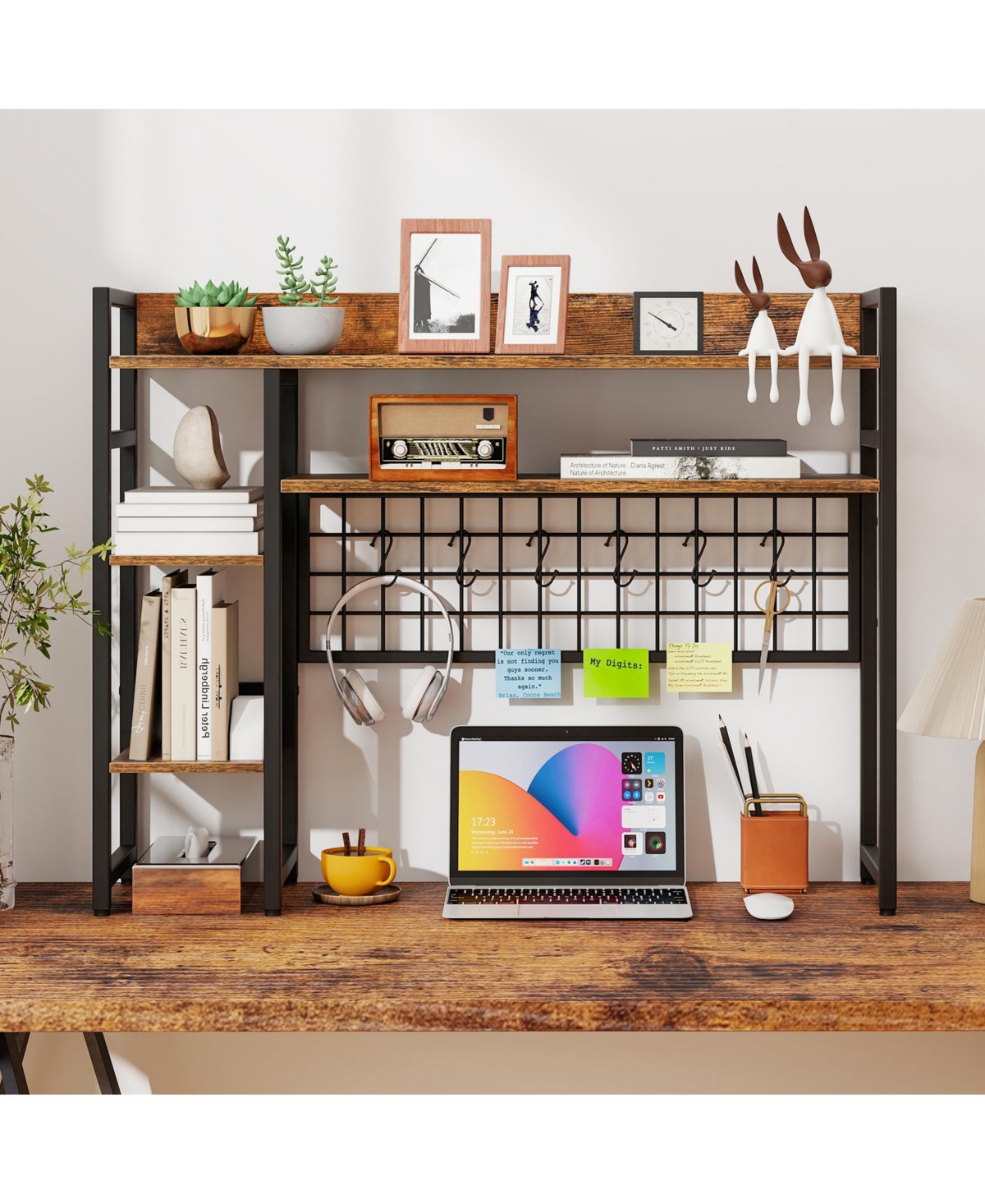 Slickblue Desktop Organizer Rack with 4 Storage Tiers, Grid Wall Panel, and Hanging Hooks For Home Office or Study