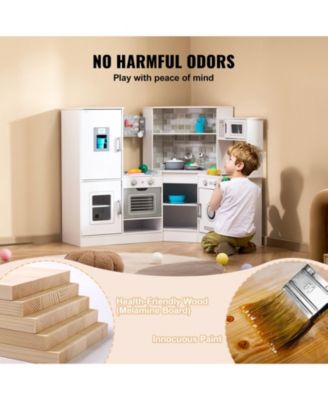 Corner Wooden Play Kitchen, Toy Set with Lights & Sounds, Ice Maker, Oven, Sink, Clock, Microwave, Fridge & Accessories