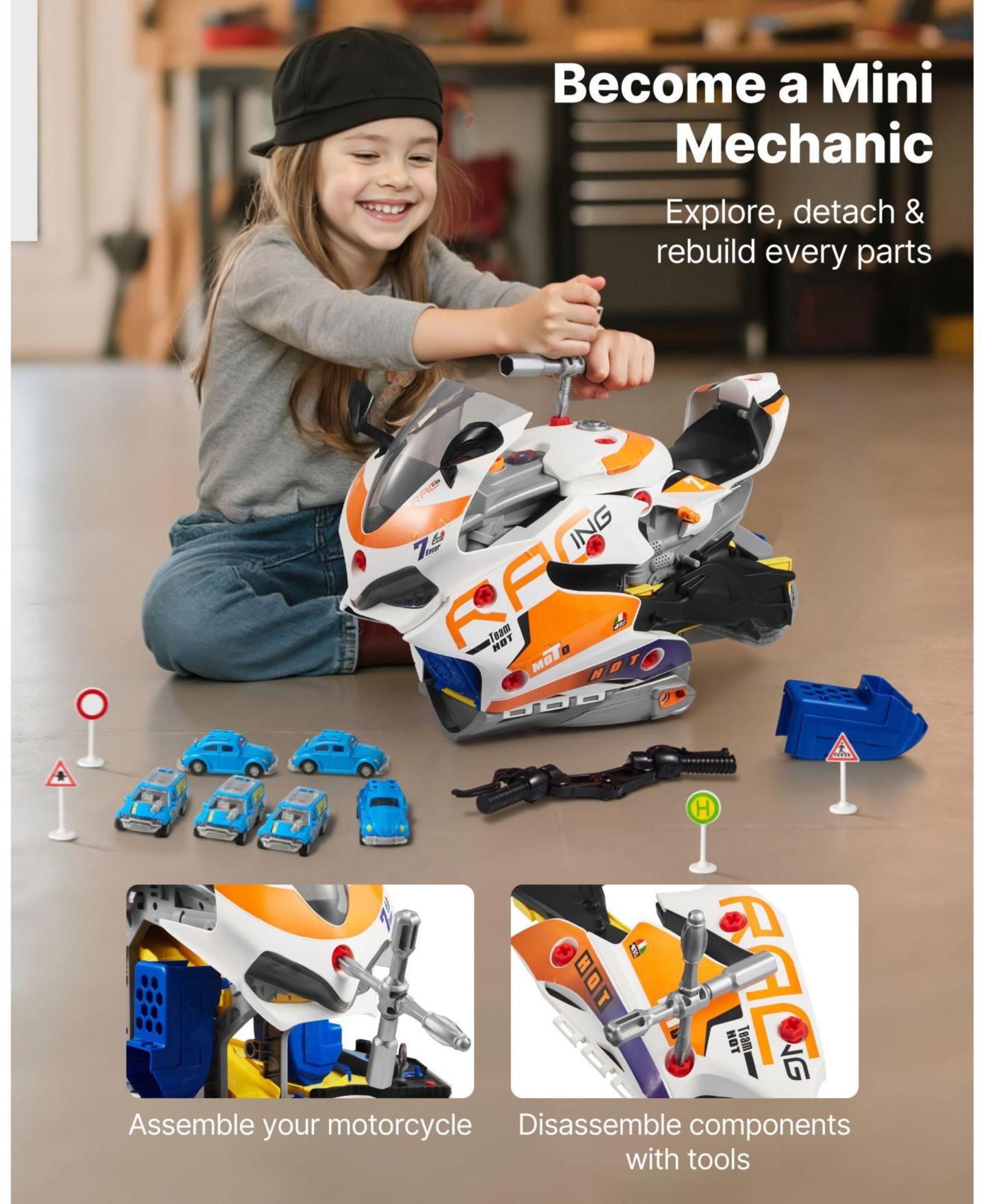 Детские игрушки Mecale Motorcycle Engine 6-in-1 Transforming 25-Piece Toy with Lights & Sounds, цвет: Синий — фото 5