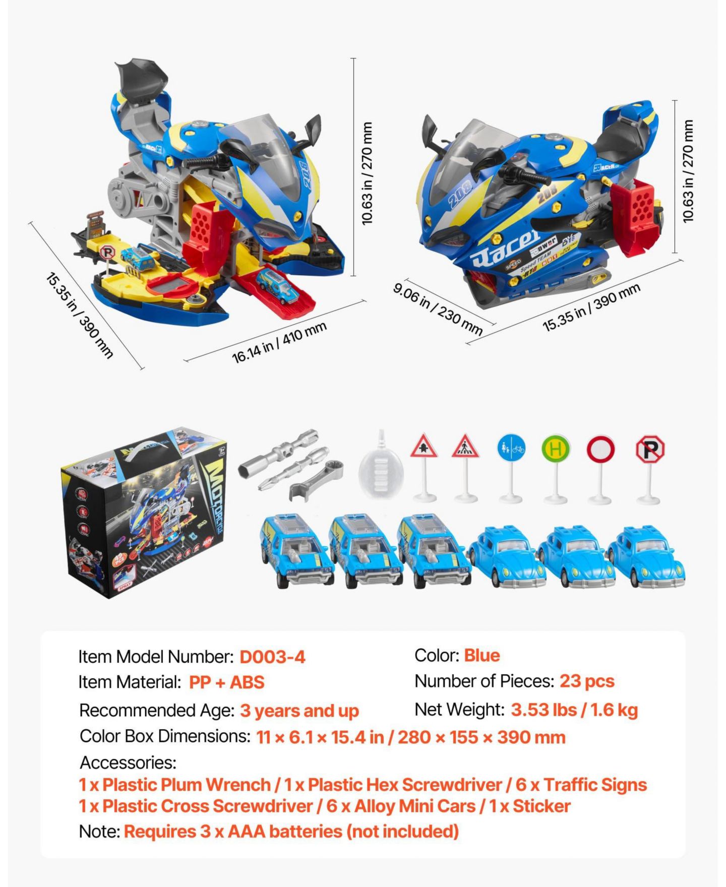 Детский игровой набор Mecale Motorcycle 6-in-1 Transforming Lights & Sounds Racing Track 25-Piece Playset, Ages 3+, цвет: Синий — фото 4