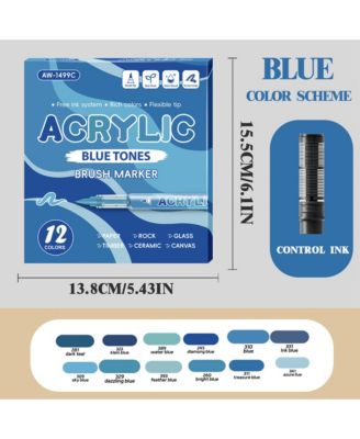 12 Colors Blue Series Art Markers, Soft Brush Pens Set Quick-Drying and Waterproof for Sketching, Canvas, Rock, Glass and DIY Crafts