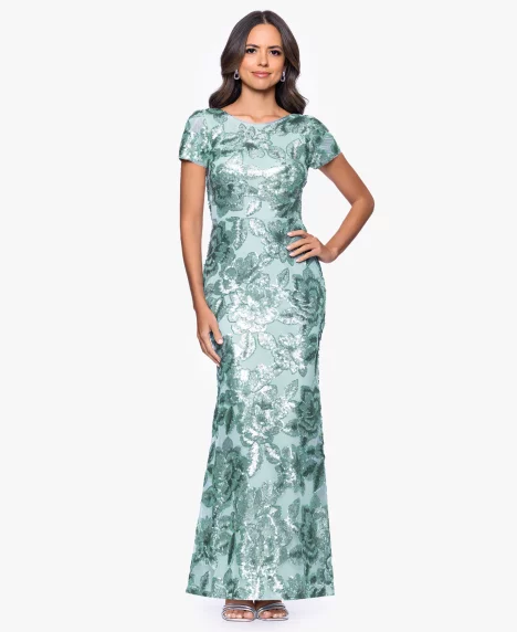 Petite Printed Scoop Neck Gown - Seafoam