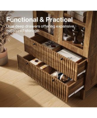 Wooden Pantry Cabinet, with Two Drawers for Kitchen, LED Light Strip