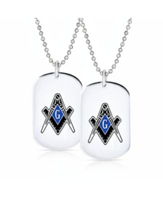 Set of 2 Black Blue Freemason Compass Masonic Dog Tag Pendant Necklace Stainless Steel With Bead Chain