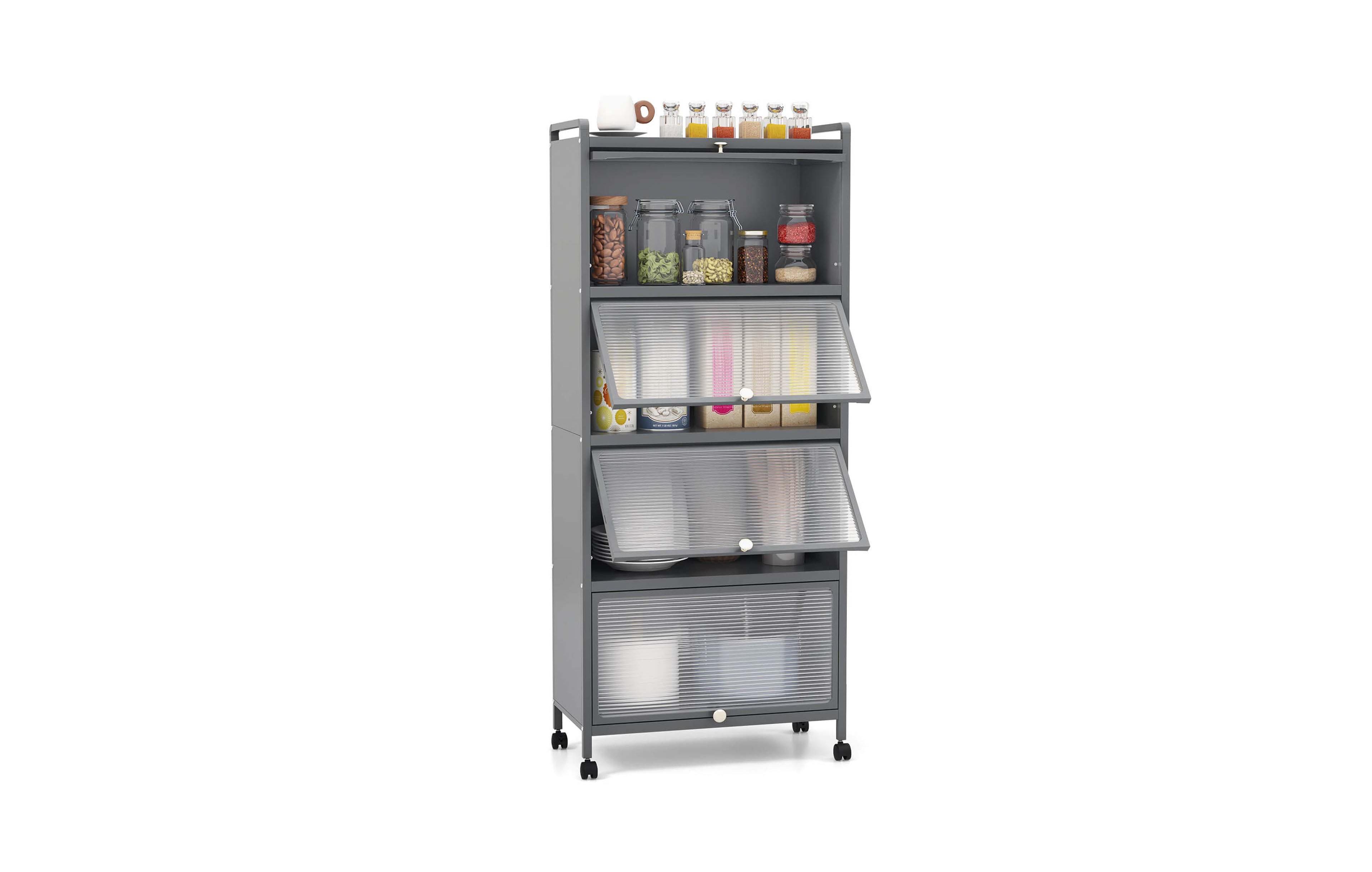 5-Tier Kitchen Baker's Rack Storage Cabinet Mobile Microwave Stand Flip-up Doors