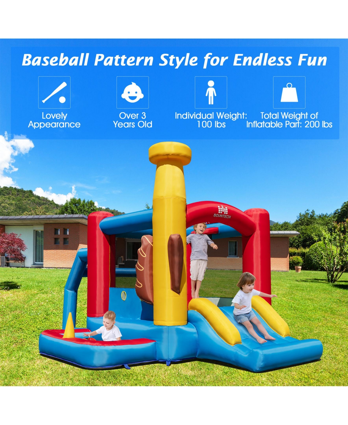 Sugift Baseball-Themed Inflatable Bounce House with Ball Pit, Ocean Balls, and 735W Blower