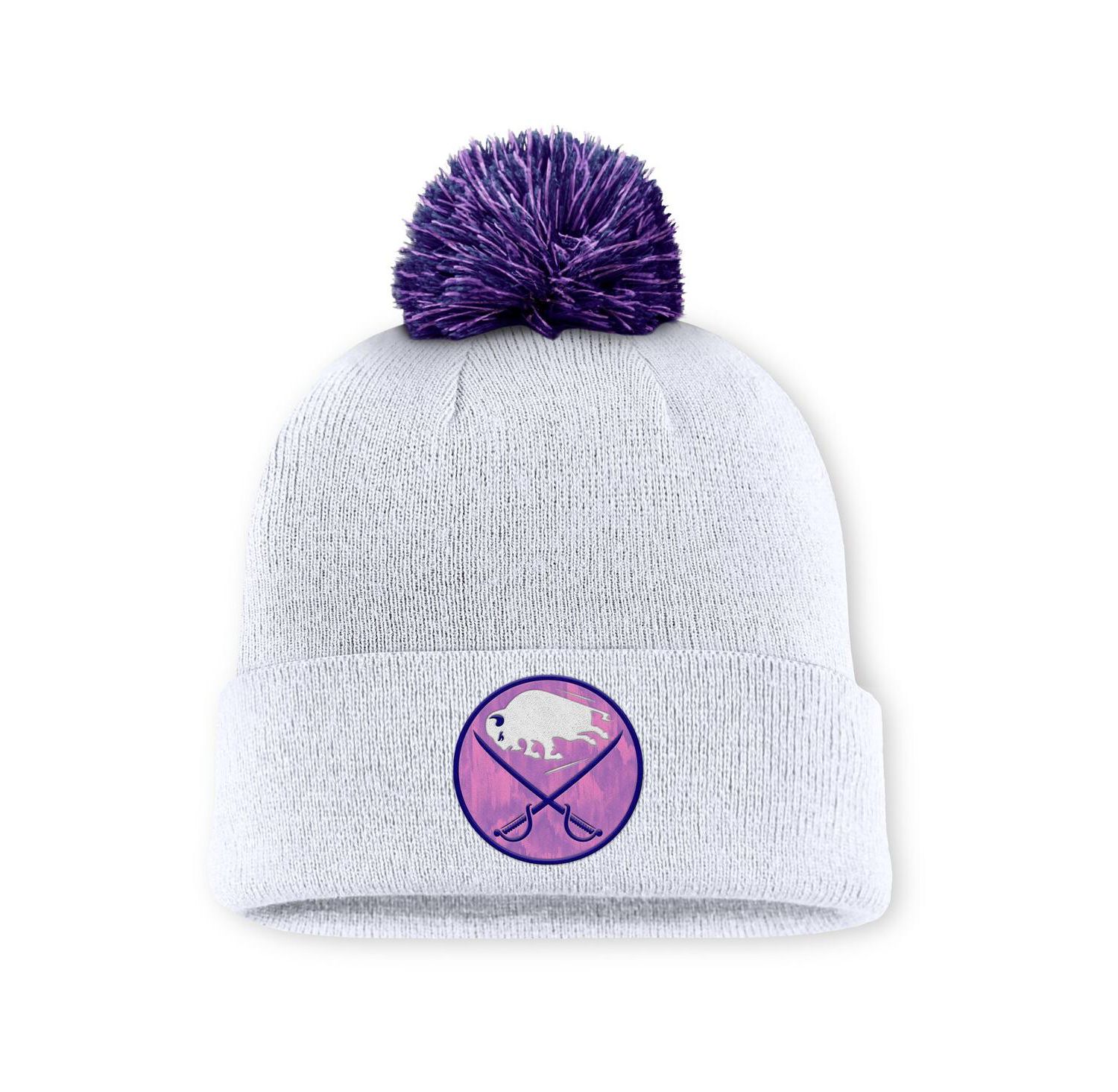Men's White Buffalo Sabres Authentic Pro Hockey Fights Cancer Cuffed Knit Hat with Pom