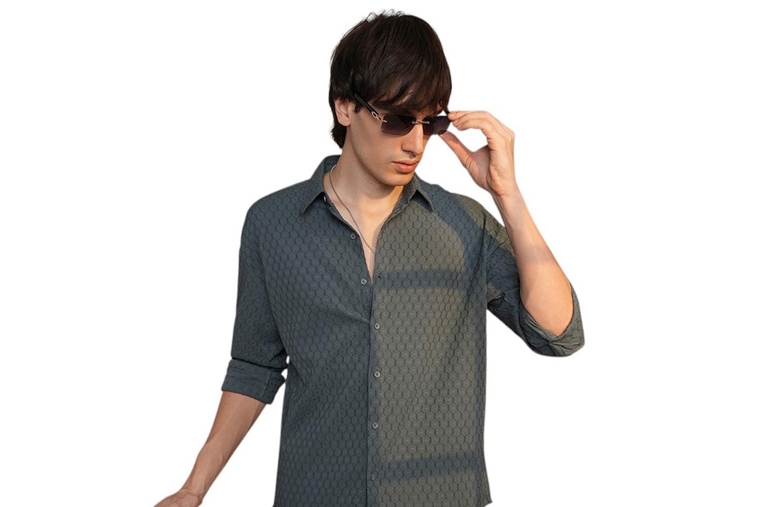 Men's Charcoal Grey Honeycomb-Textured Oversized Shirt