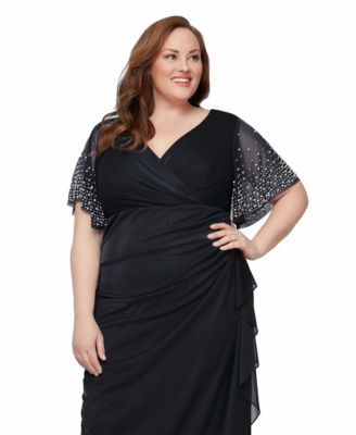 Plus Size Embellished-Sleeve Draped Chiffon Gown