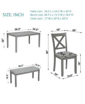 6-Piece Grey Kitchen Counter Set with Rectangular Wooden Dining Table 4 Padded Chairs and Bench