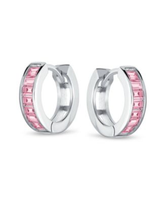 Set of 2 Baguette Cut Channel Set Kpop Blue & Pink CZ Huggie Hoop Earrings Sterling Silver