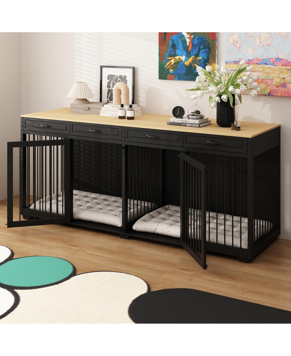 Homsee Dog Crate Furniture, 92.9 in. Wooden Dog Crate Kennel with 4 Drawers