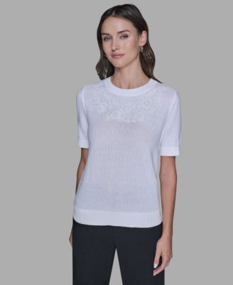 KARL LAGERFELD PARIS - Women's Crewneck Floral Trimmed Sweater