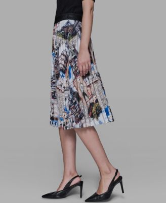Women's City Scene Print Pull-On Pleated Skirt