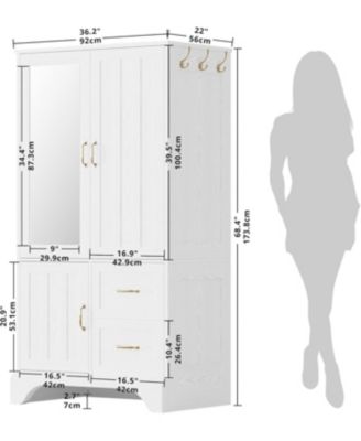 White Wardrobe Closet with Mirror and Doors, Drawers and Shelves, Wooden Armoire Storage Cabinet with Hanging Rod for Bedroom