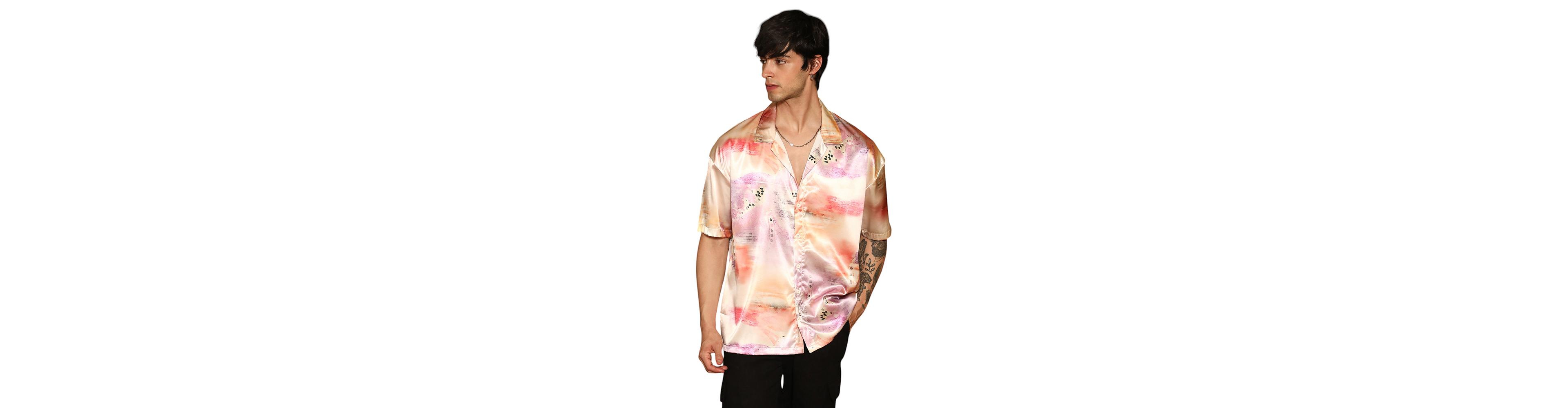 Campus Sutra Men's Cantaloupe Orange & Amethyst Purple Abstract Sheen Oversized Shirt