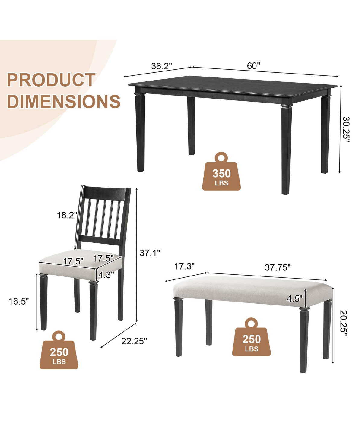 sumyeg 6-Piece Retro Dining Set with Wooden Rectangular Table 4 Chairs and Bench