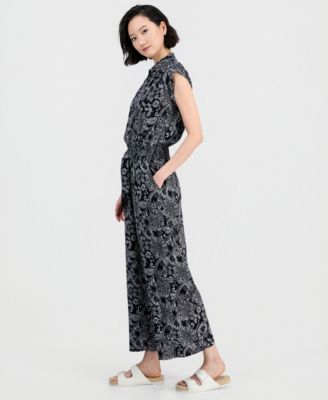 Women's Paisley Button-Front Sleeveless Jumpsuit