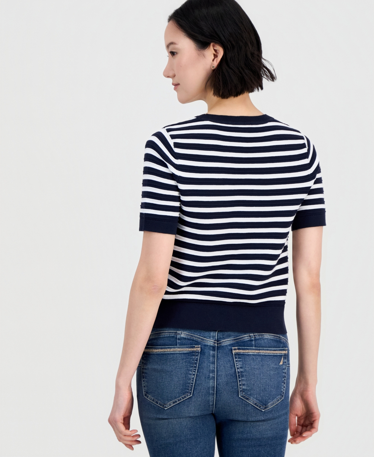 Nautica Jeans Women's Cotton Roll-Neck Raised-Stripe Sweater