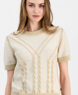 Women's Short-Sleeve Traveling Cable-Knit Sweater