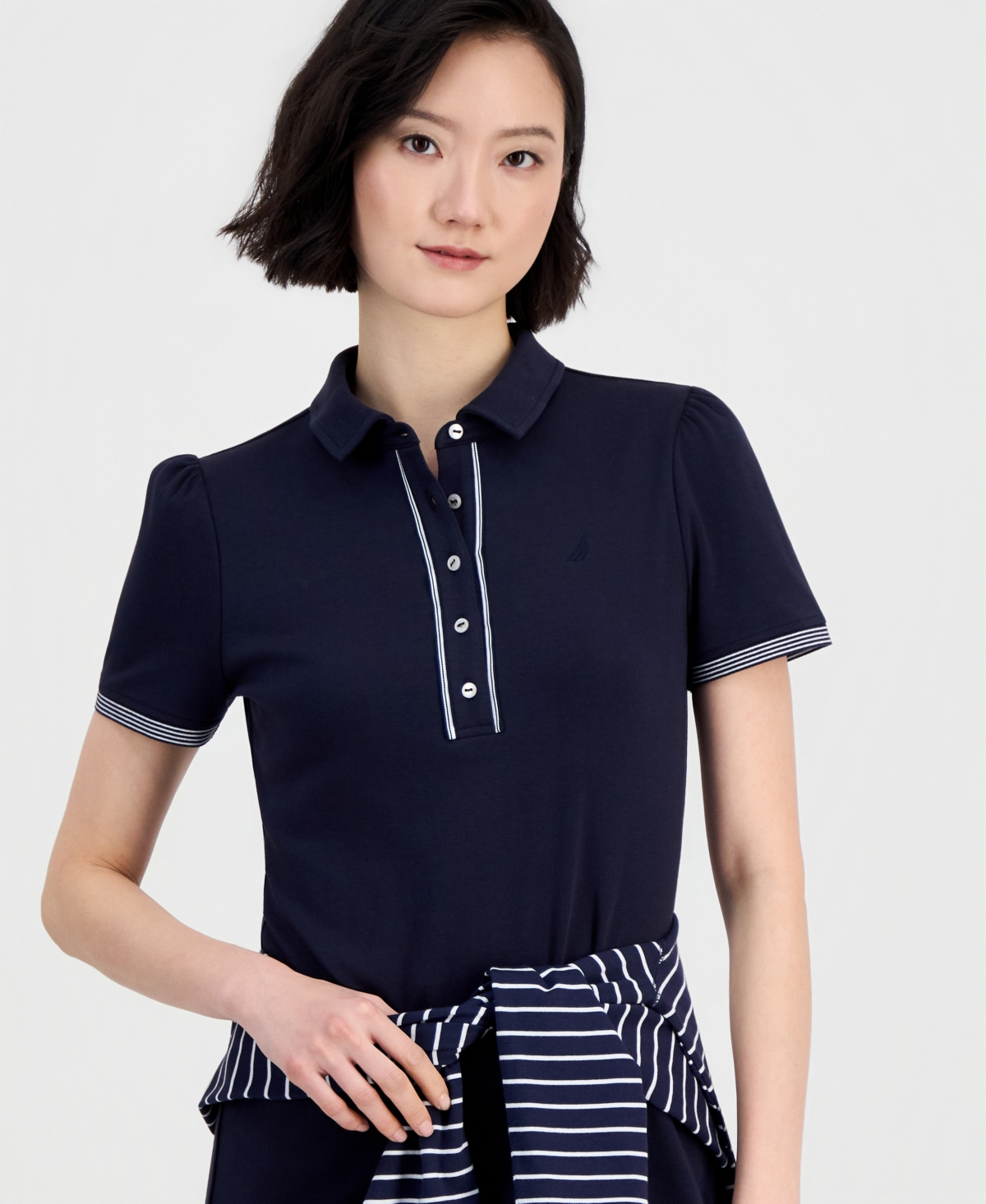 Nautica Jeans Women's Cotton Solid Puff-Sleeve Polo Dress