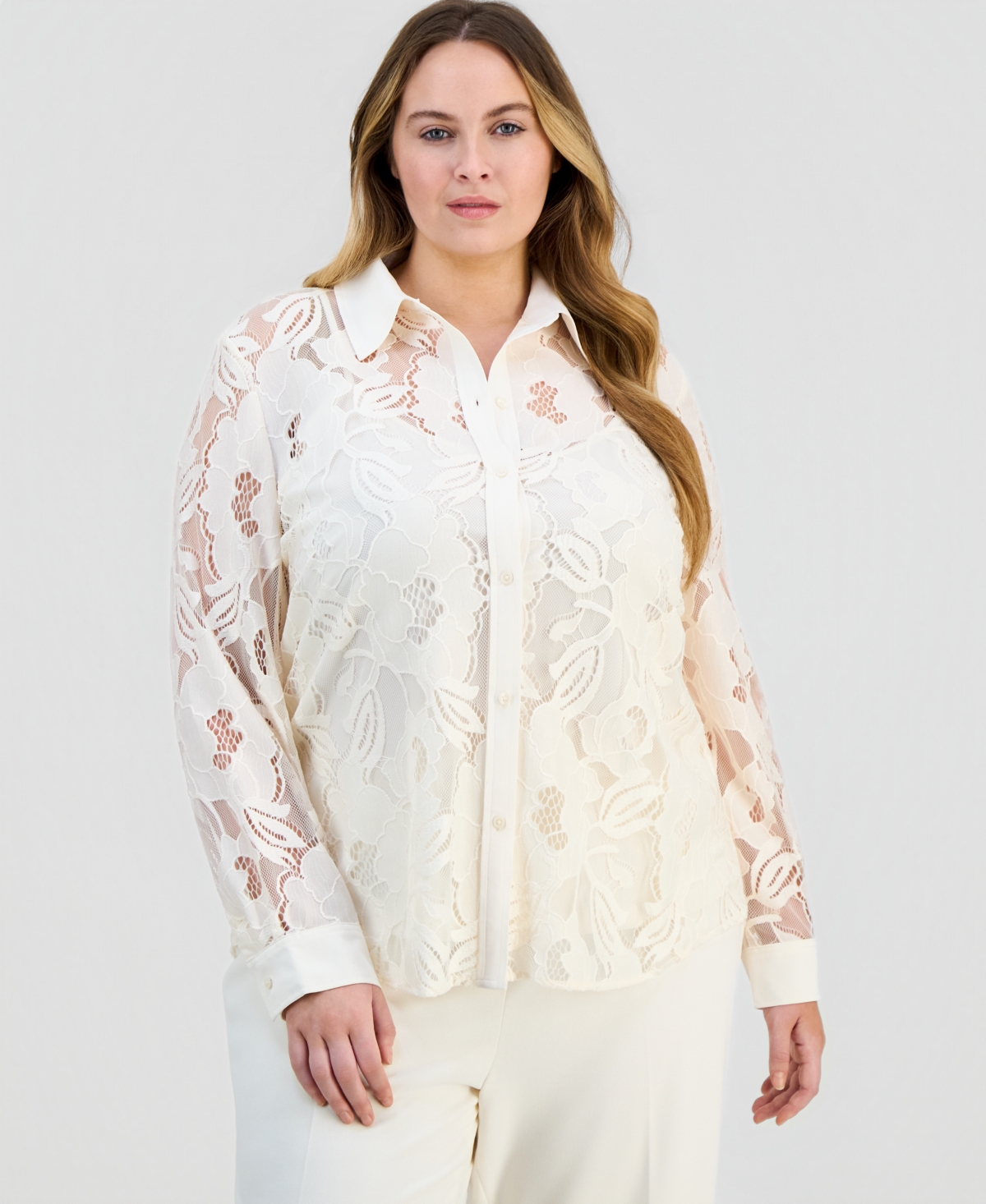 Anne Klein Plus Size Blossom Lace Button-Down Blouse - White Dove