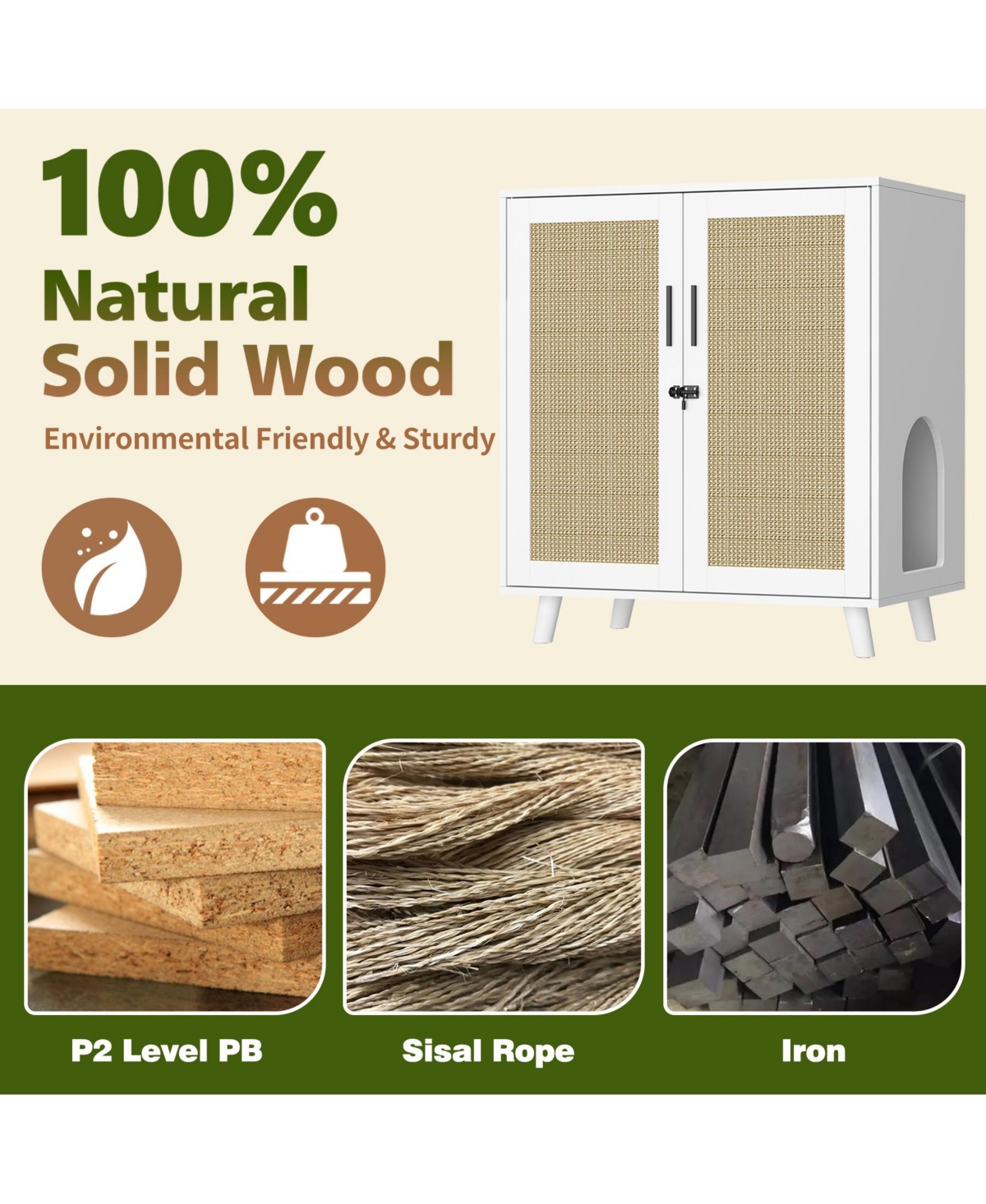 Modern Cat Litter Box Enclosure, White Hidden Litter Box Furniture Cat Washroom Storage With Lock Sisal Door for Rooms