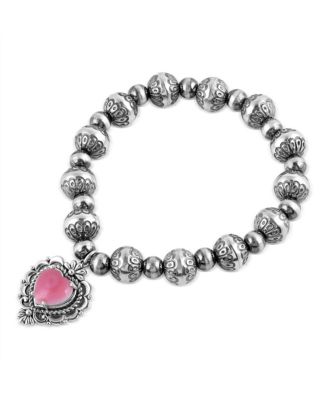 Sterling Silver Pink Concha Shell Heart Charm Bead Bracelet