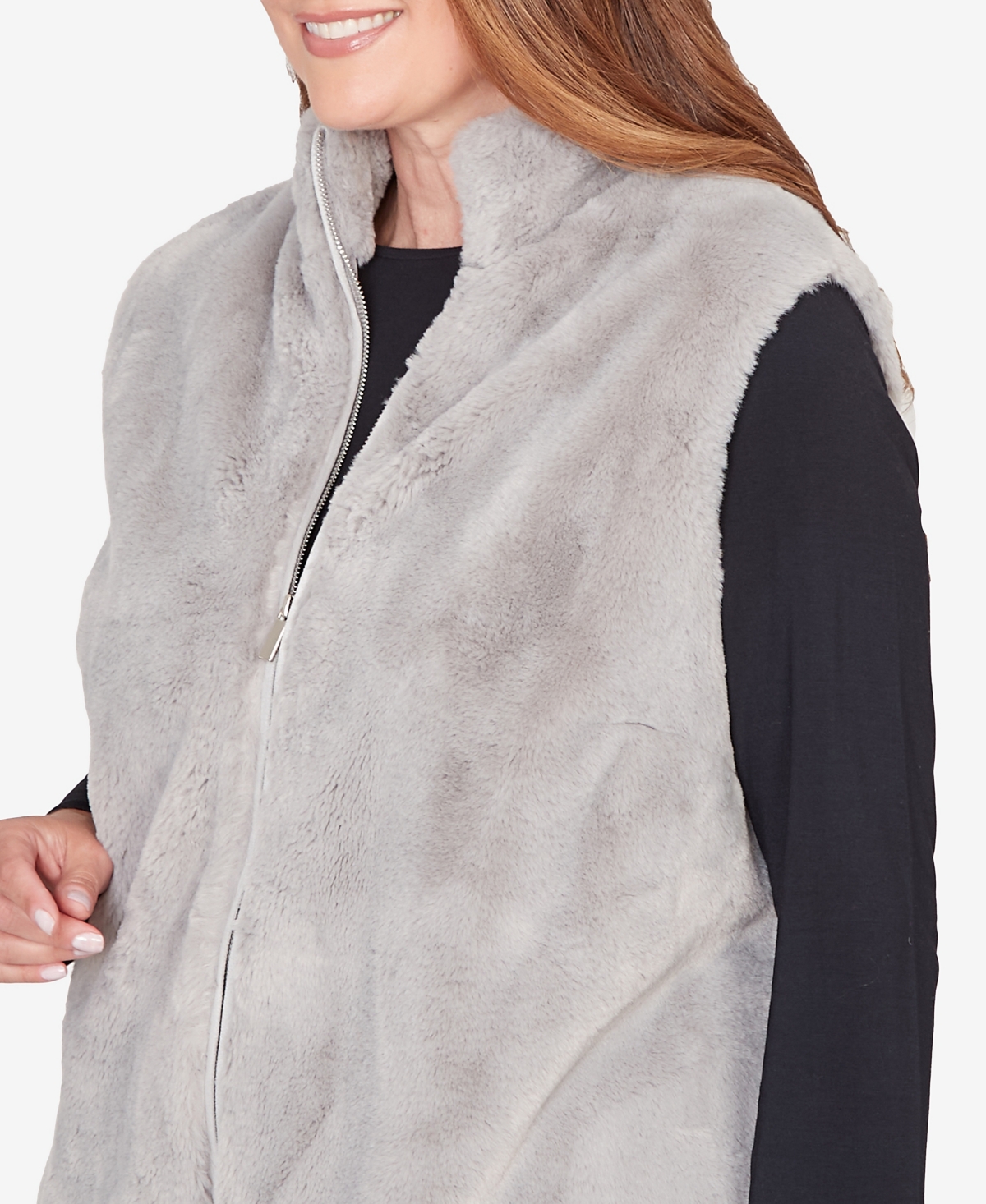 Alfred Dunner Women's Stockbridge Plush Faux Fur Zip Front Vest Jacket In White