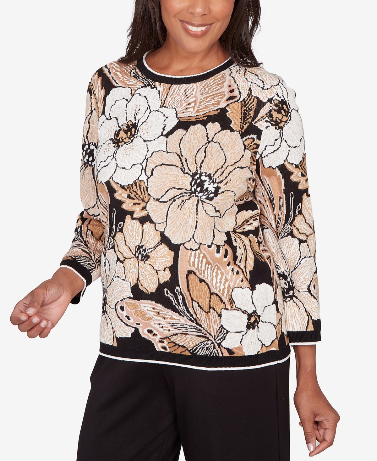 Alfred Dunner Women's Seville Jacquard Floral Butterfly Sweater