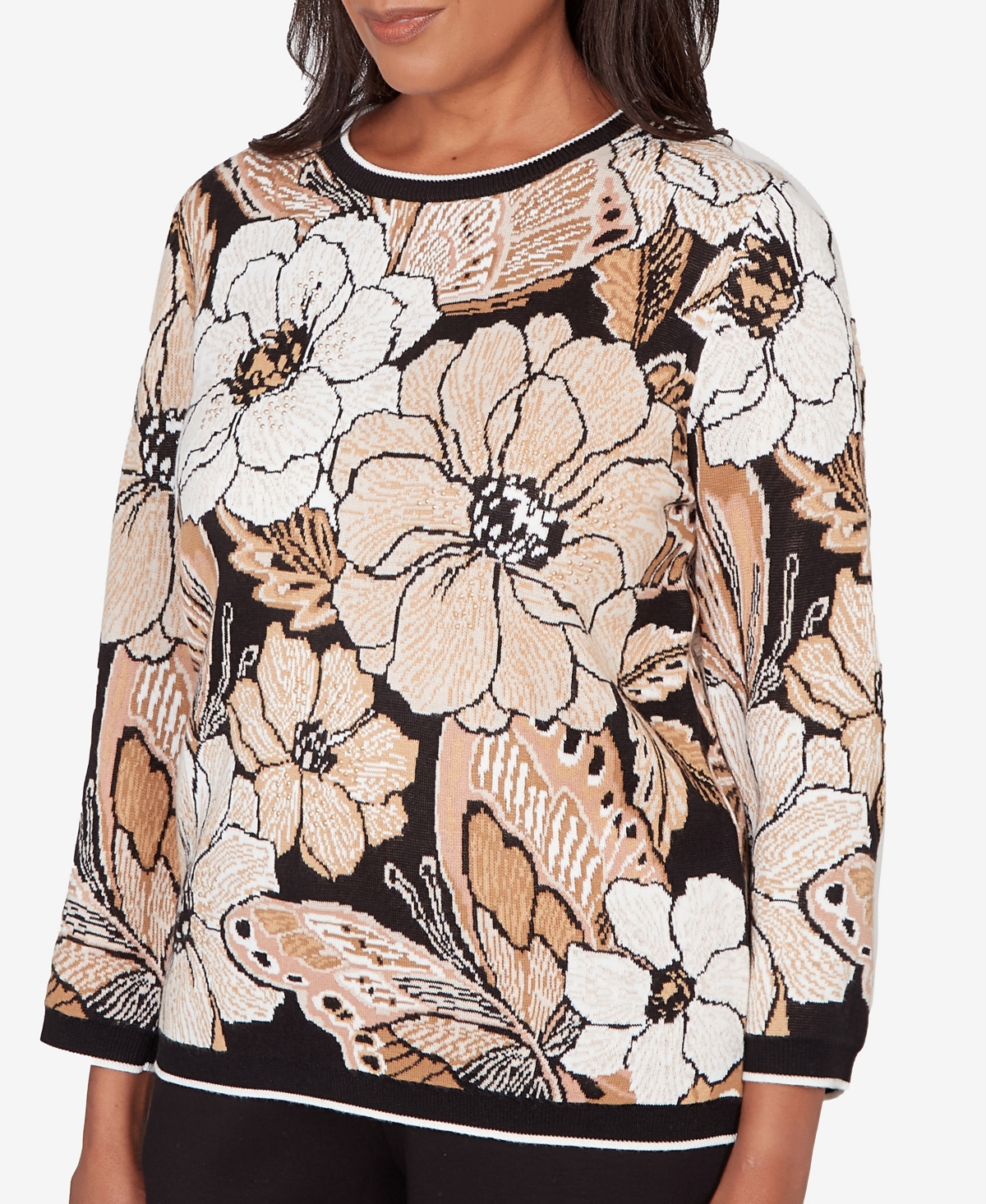 Alfred Dunner Petite Seville Jacquard Floral Butterfly Sweater