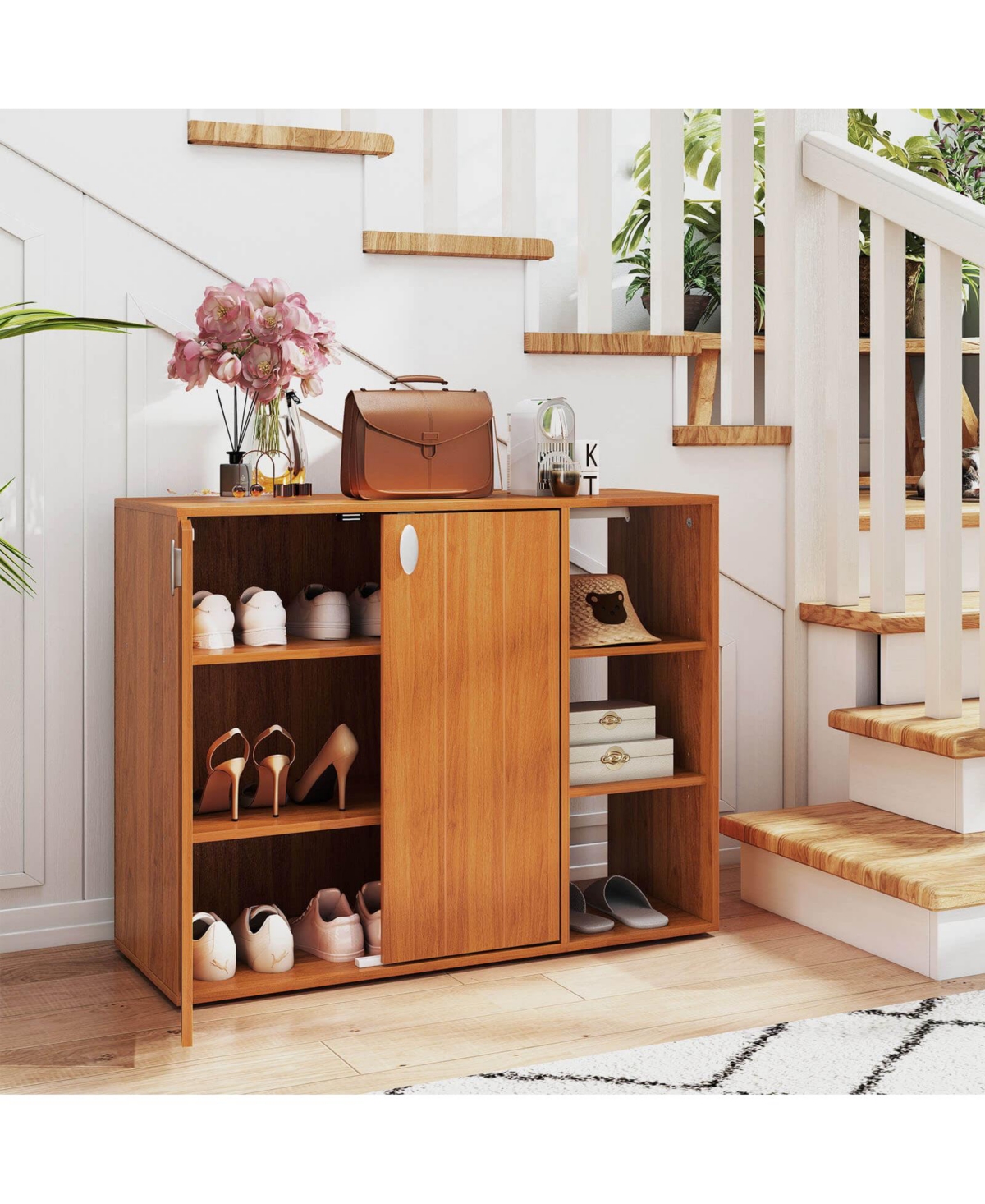 Costway 3-Tier Wooden Shoe Storage Organizer with Doors & 3-Level Adjustable Open Shelves