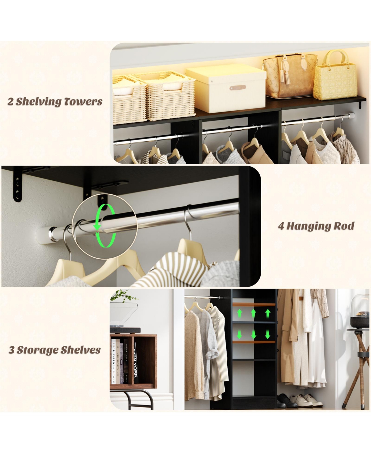Aheaplus 4FT Small Closet Organizer with 4 Rods and 3 Shelves, 48'' System for Space