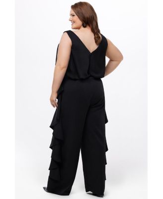 Women's V-Neck Stretch Satin Jumpsuit with Ruffles