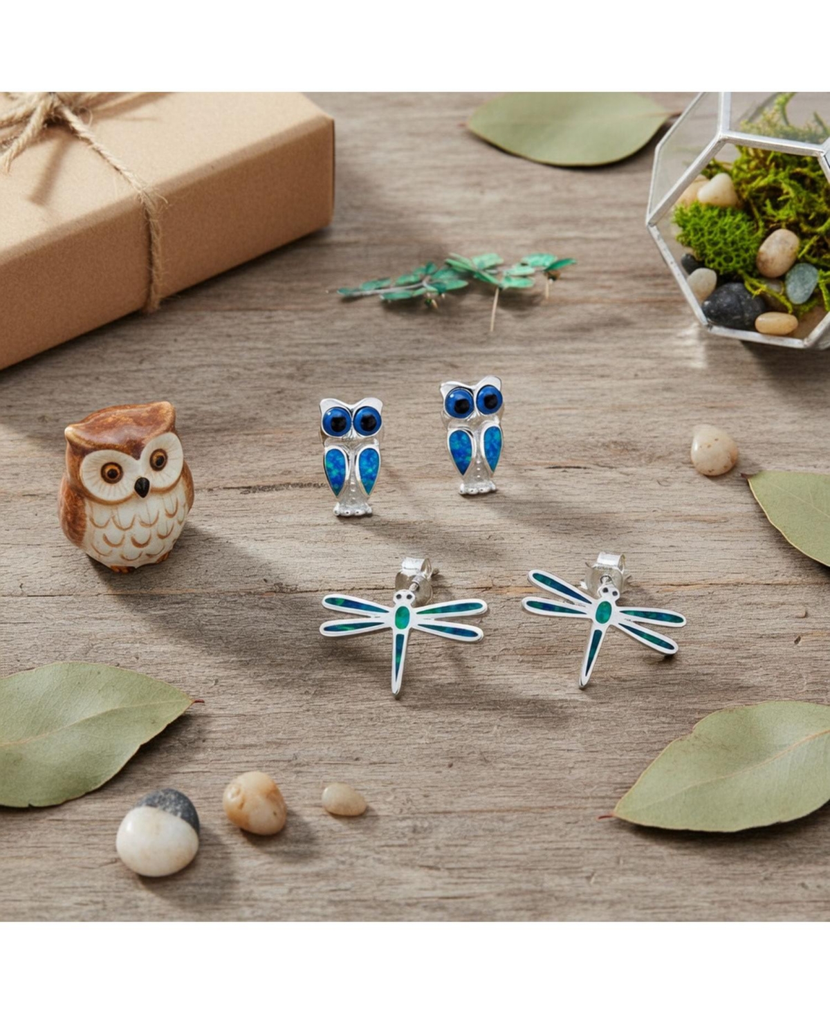 Bling Jewelry Set of 2 Opal Dragonfly and Owl Stud Earrings Set