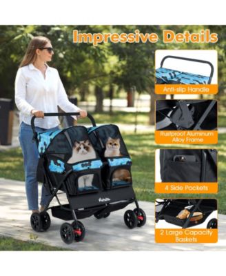 Double Pet Stroller w/ 2-seater Carrier Adjustable Sunshade Removable Pad