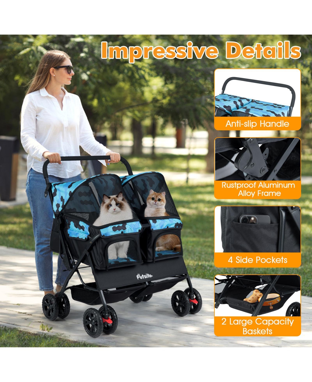 Gymax Double Pet Stroller w/ 2-seater Carrier Adjustable Sunshade Removable Pad